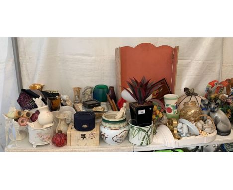COLLECTION OF CERAMICS, GLASSWARE, MANTEL CLOCK, LIGHT SHADES ETC