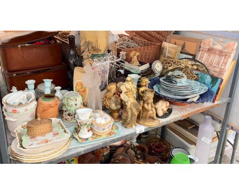 SHELF TO INCLUDE GILT CHERUBS, FRAMED PICTURES, LARGE CERAMIC DISH ETC