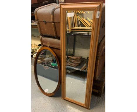 OVAL MAHOGANY FRAMED MIRROR ALONG WITH A MODERN PINE FRAMED MIRROR