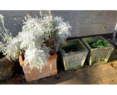 PAIR OF RECONSTITUTED STONE PLANTERS &amp; TERRACOTTA PLANTER