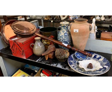 PART SHELF TO INCLUDE COPPER JAM PAN, COPPER BED PAN, TOOLBOX WITH TOOLS, TERRACOTTA URN ETC