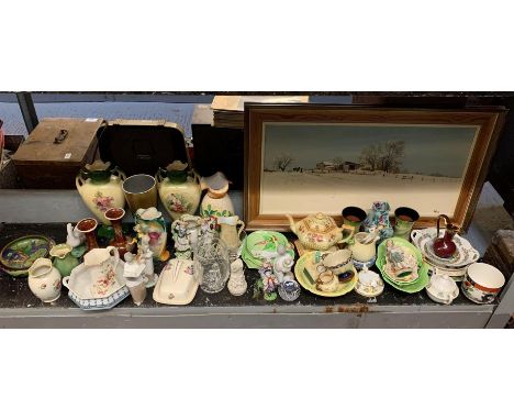 VARIOUS CERAMICS INCLUDING POOLE POTTERY BUTTER DISH, LLADRO FIGURES, CARLTON WARE DISHES &amp; OIL ON BOARD OF A WINTER SCEN