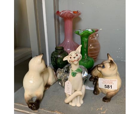 VARIOUS ART GLASS, BESWICK CATS &amp; CRAFT &amp; SONS CAT