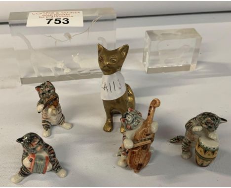 VARIOUS CERAMIC CATS PLAYING INSTRUMENTS, BRASS CAT &amp; 2 CAT PAPERWEIGHTS