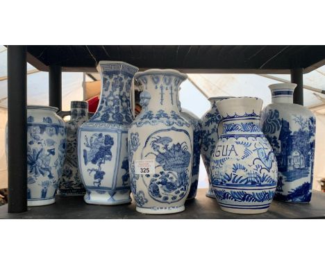 SHELF OF BLUE &amp; WHITE VASES, SOME IN ORIENTAL STYLE