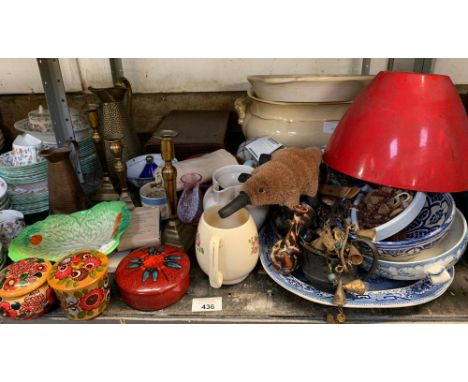POOLE POTTERY LIDDED JAR, BRASS CANDLESTICKS, COPPER AND BRASS JUGS, CERAMICS &amp; COLLECTABLES