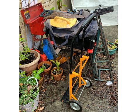 SET OF SACK TRUCKS, WORKMATE, CAR RAMPS &amp; VARIOUS GARAGE TOOLS