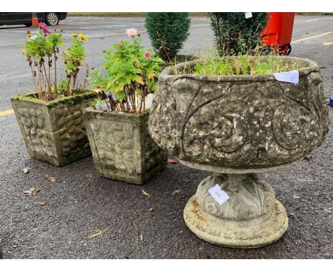 PAIR OF SQUARE RECONSTITUTED STONE PLANTERS &amp; URN PLANTER