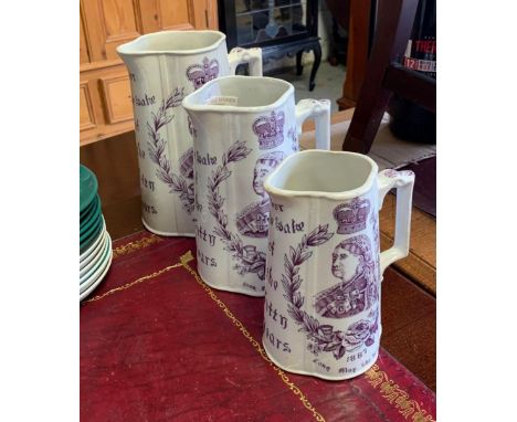SET OF 3 GRADUATING COMMEMORATIVE QUEEN VICTORIA CERAMIC JUGS BY JUBILEE