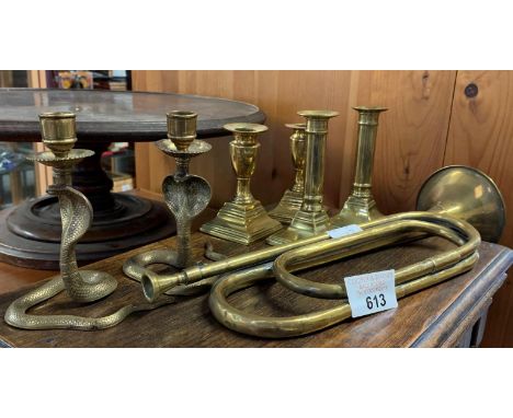 SPANISH BUGLE &amp; COLLECTION OF CANDLESTICKS