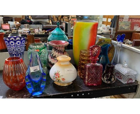 HALF SHELF OF VARIOUS DECORATIVE MID CENTURY GLASS VASES, JUGS INCLUDING CZECH GLASS, SIGNED GLASS FROM GIBRALTAR ETC