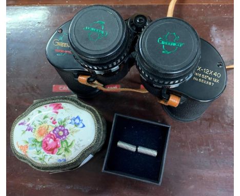 SILVER PLATE TRINKET BOX WITH ENAMEL TOP, COSTUME JEWELLERY, SET OF GREEN KAT CASED BINOCULARS