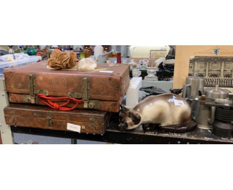 CERAMIC WINSTANLEY CAT, VARIOUS PEWTER MUGS, TABLE LAMPS, CERAMIC GOOSE, LEATHER SUITCASE, WOODEN BOX ETC