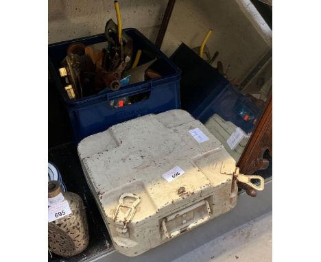 BOX OF TOOLS INCLUDING WOOD PLANES, HAND SAWS, HAND DRILLS, METAL CASE &amp; WALL MIRROR