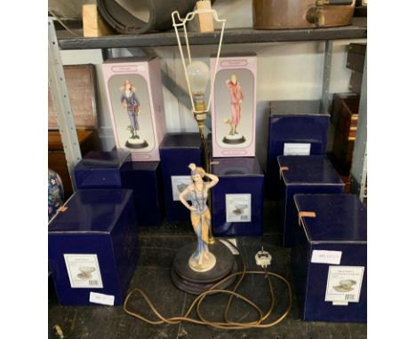 11 BOXED FRANZ CERAMIC CUP &amp; SAUCERS, SUGAR JARS ETC ALONG WITH 2 SPRINGTIME FIGURES IN BOXES &amp; CERAMIC TABLE LAMP