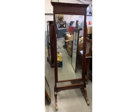 MAHOGANY FRAMED CHEVAL MIRROR ON BRASS CASTERS WITH BRASS CLAW FEET ALONG WITH ANOTHER MAHOGANY FRAMED MIRROR &amp; OAK FRAME