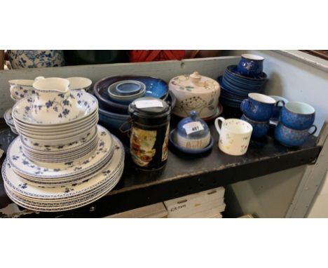 HALF SHELF OF CERAMICS TO INCLUDE STUDIO POTTERY FROM CANTERBURY, DENBY PART TEA SERVICE, CHEESE DISH, ROYAL DOULTON YORK TOW