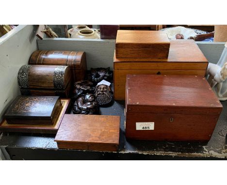 VARIOUS WOODEN BOXES WITH MARQUETRY INLAY, LINCOLN CATHEDRAL REPLICA WOODEN PLAQUES, BOXED SCALES FROM BIRMINGHAM ETC