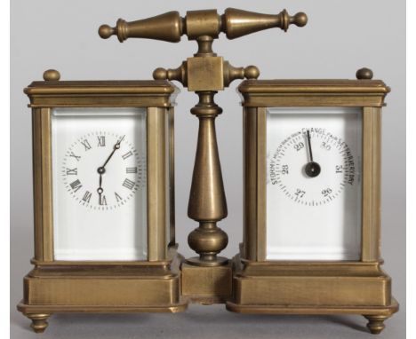 A BRASS DOUBLE CARRIAGE CLOCK/BAROMETER, with white enamel dials. 4ins high.