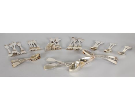 A QUANTITY OF FIDDLE PATTERN FLATWARE, various dates and makers, comprising eleven table forks, thirteen dessert forks, twelv