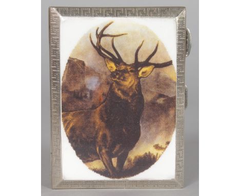 A SILVER CIGARETTE CASE, Chester 1929, with later applied enamel of a stag.