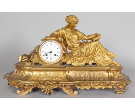 A GOOD 19TH CENTURY FRENCH ORMOLU MANTLE CLOCK, with eight-day movement, circular enamel dial, the well cast case surmounted 