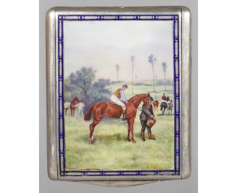 A GOOD CONTINENTAL SILVER AND ENAMEL CIGARETTE CASE, circa 1928, the front enamelled with a jockey on horseback. 3ins wide.