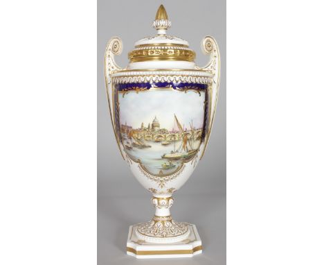 A ROYAL WORCESTER FINE VASE AND COVER decorated with a scene of St. Pauls, London, signed BC, probably Brian Cox gilder's mar