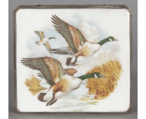 A SILVER CIGARETTE CASE, Birmingham 1939, with later applied enamel of geese in flight. 3ins wide.