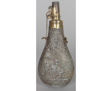 A FRENCH FLASK, repousse with a man and horse. 7ins long.