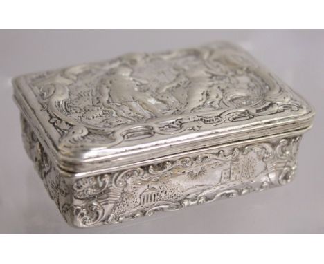 AN 18TH CENTURY CONTINENTAL SILVER RECTANGULAR SNUFF BOX with repousse decoration of classical figures.  2.5ins.