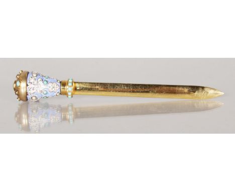 A GOOD RUSSIAN GOLD AND ENAMEL PAPERKNIFE, set with turquoise, pearls etc. 17cms long.