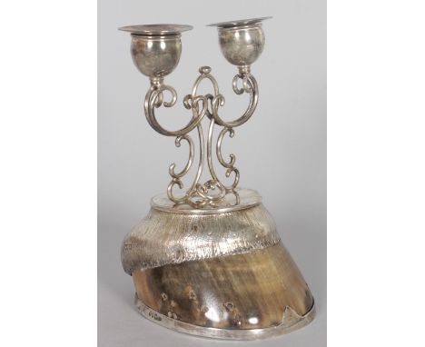 A SILVER MOUNTED HOOF "BALLAD" DOUBLE CANDLESTICK. London 1901. Retailed by Thornhill Ltd., London.  8ins high.