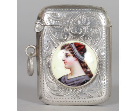 AN ENGRAVED CIGARETTE CASE, Birmingham 1908, with later applied enamel of a bust of a lady. 1.25ins wide.