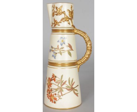 A ROYAL WORCESTER CLARET JUG painted and gilded with flowers, date code for 1892.