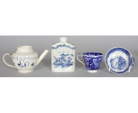 A LATE 18TH / EARLY 19TH CENTURY LIVERPOOL PEARLWARE TEA CANISTER painted on each side with a Chinese style island, one side 