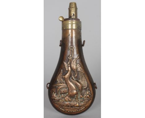 A COPPER FLASK, repousse with dead game, hare, pheasants etc., stamped JAMES DIXON & SONS. 8ins long.