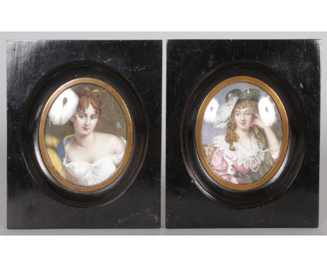 A PAIR OF PORTRAIT MINIATURES, CIRCA. 1900, each depicting oval portrait busts of young ladies, monogrammed SA. Frames 5ins x