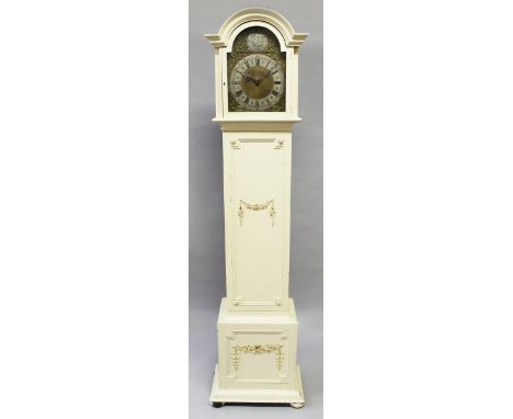 A 1920'S WHITE PAINTED LONGCASE CLOCK with silvered dial. 6ft 2ins high.