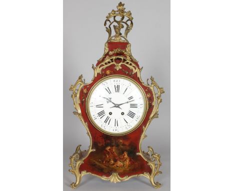 A FRENCH LOUIS XVI STYLE ORMOLU AND PAINTED BRACKET CLOCK, with white enamel dial, eight day movement, striking on a gong, th