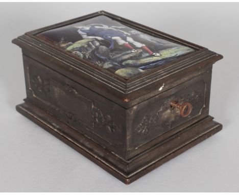A GOOD JEWELLERY CASKET with LIMOGES ENAMEL PLAQUE. Diana, Goddess of Hunting. 7ins long.
