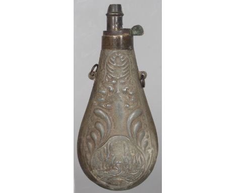 A COPPER FLASK, repousse with birds and scrolls. 6.5ins long.