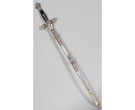 A MASONIC SWORD, 20TH CENTURY, with etched blade, and enamel decorated scabbard. 2ft 11ins overall.