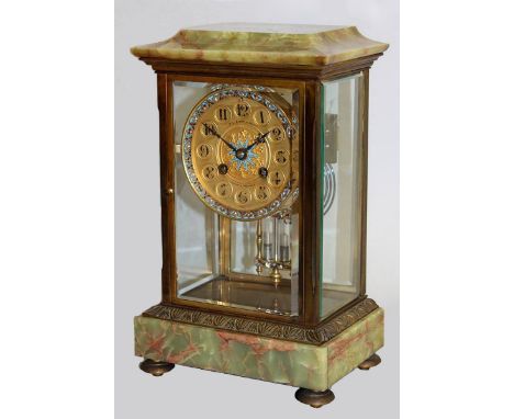 A GOOD 19TH CENTURY FRENCH GREEN ONYX AND CHAMPLEVE ENAMEL FOUR GLASS CLOCK, retailed by H. L. BROWN & SON LTD, LONDON and SH
