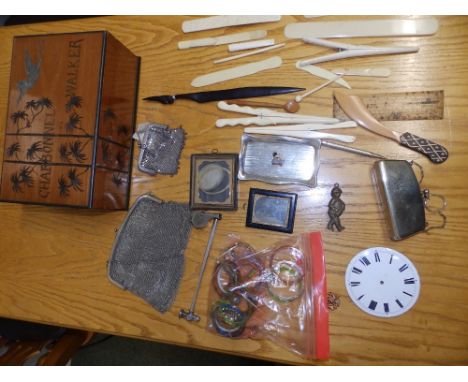 A Charbonnel et Walker painted wood chocolate box,, two chain mail purses and other items.