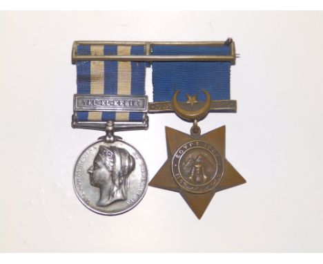 An 1882 Egypt Medal with Tel-El-Kebir clasp and an 1882 Khedive's Star awarded to 1356 Lc. Cpl.  M. Banfield 2/D CLI.  (2)