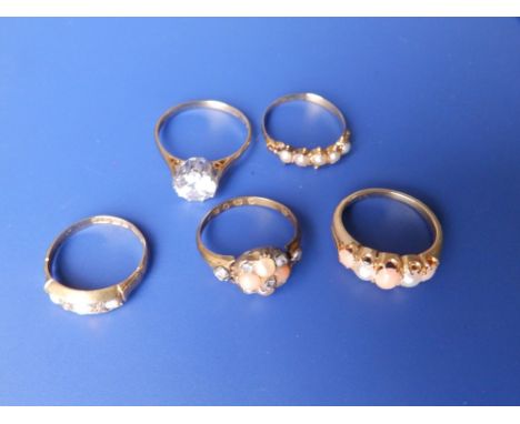 Three Victorian pearl set rings, an opal ring and a paste solitaire.  (5)