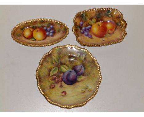 A Royal Worcester tea plate painted plum &amp; raspberry - PE/BHI, 8", a 7" rectangular dish and an oval dish by P. Lyne,  7.