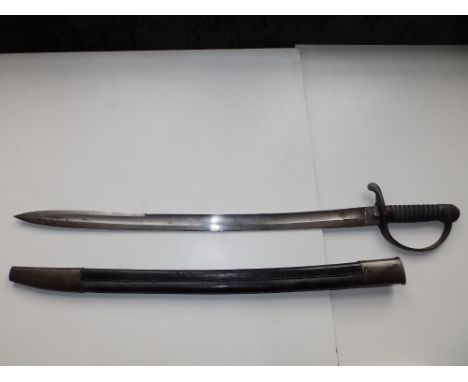 An American Civil War cavalry sword with 24" blade in leather scabbard.