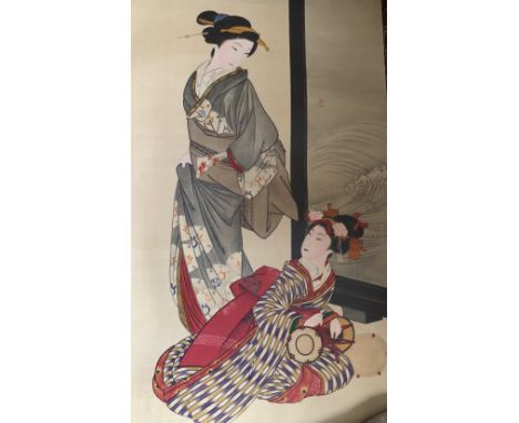A rolled Japanese colour print/poster depicting two Geishas.